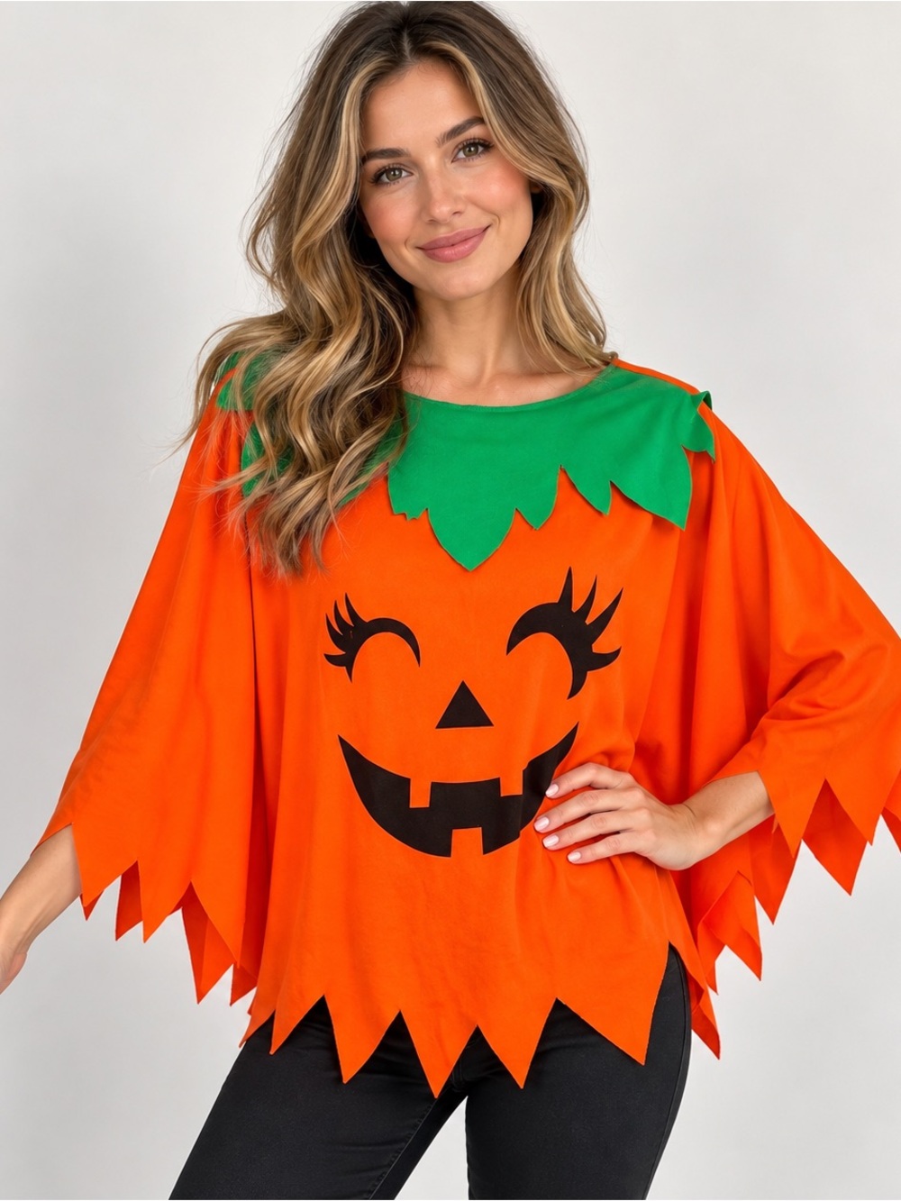Halloween Pumpkin Poncho One Size Orange Green Jack O Lantern Costume Top